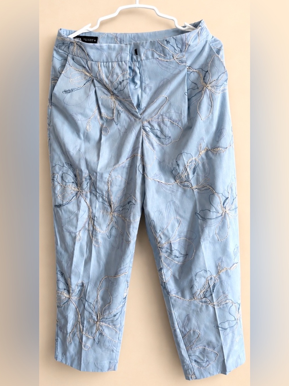 ZARA Light Blue Embroidered ankle Pants NWOT